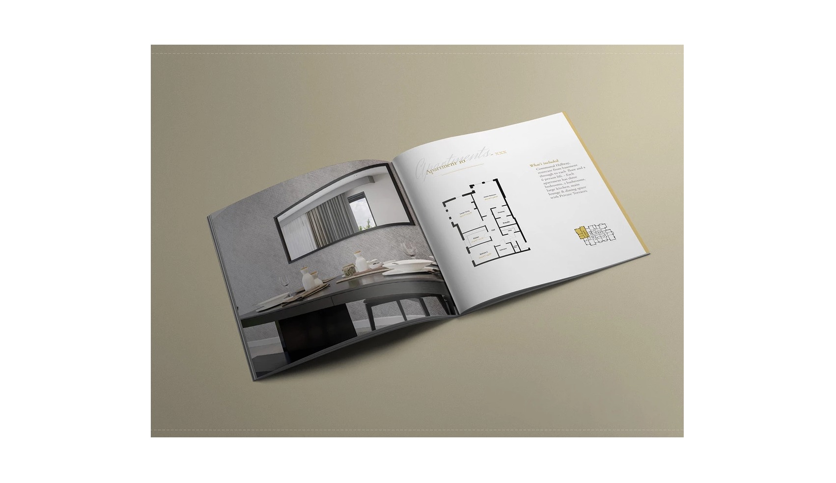 Otwarta broszura reklamowa prezentująca wizualizację wnętrza apartamentu oraz jego plan architektoniczny.