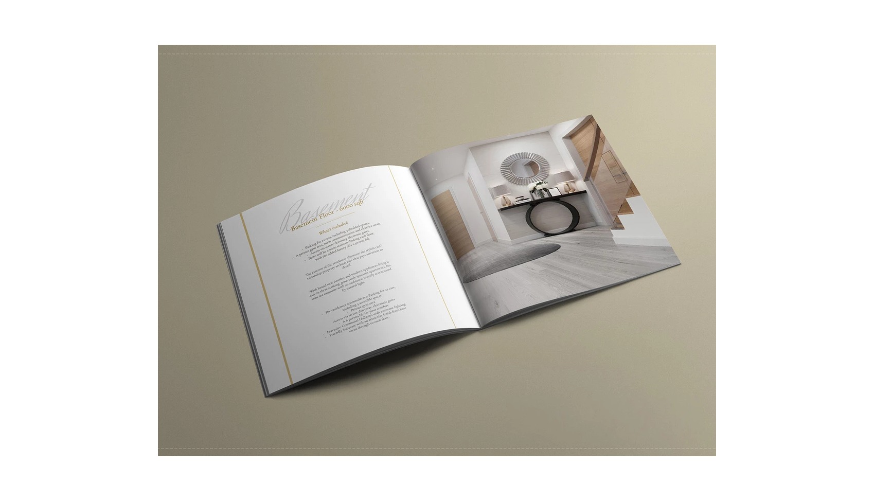 Otwarta broszura reklamowa prezentująca wizualizację nowoczesnego wnętrza z minimalistycznym designem, obejmująca wejście z okrągłym lustrem i konsolą, na neutralnym tle.