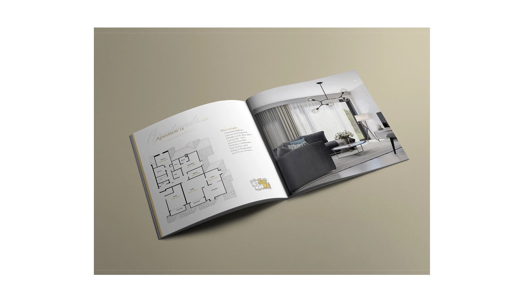 Otwarta broszura na beżowym tle prezentuje plan mieszkania i wizualizację wnętrza w Sanoku. Po lewej stronie znajduje się szczegółowy rzut mieszkania z opisami pomieszczeń, a po prawej realistyczna...