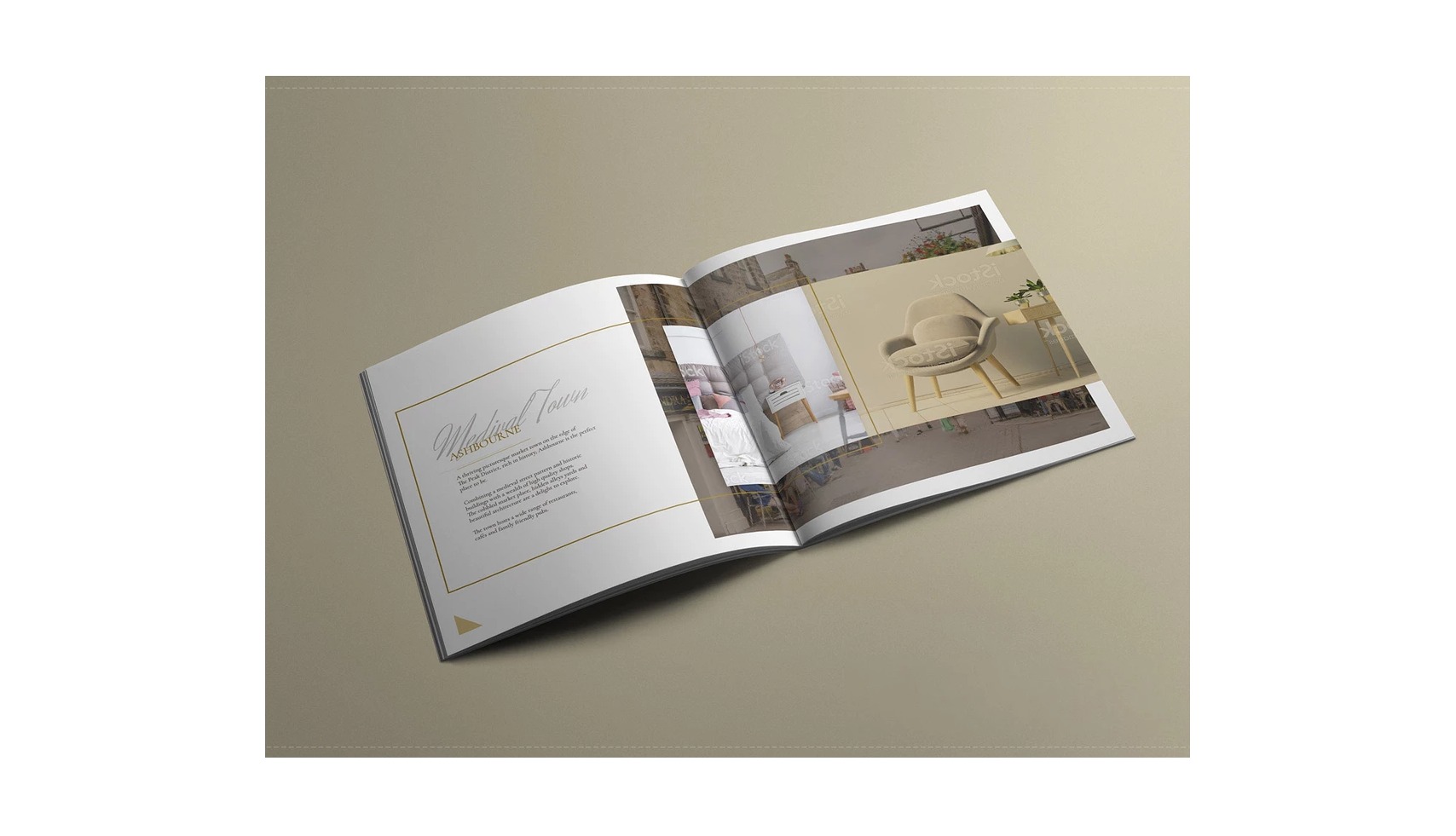 Otwarta broszura reklamowa z aranżacjami wnętrz, prezentująca przykładowe projekty i teksty w eleganckiej stylistyce.