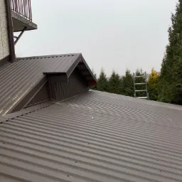Nowy, brązowy dach z blachy trapezowej, widoczna drabina oparta o krawędź dachu na tle zielonych drzew i pochmurnego nieba.