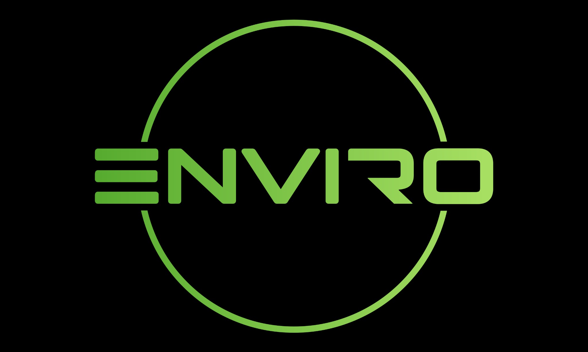 Zielone logo firmy Enviro z futurystyczną czcionką, umieszczone w okręgu na czarnym tle.