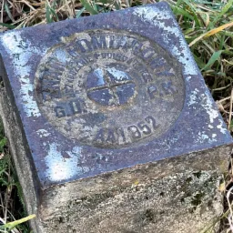 Betonowy reper geodezyjny z metalową płytką informacyjną, porośnięty mchem i otoczony trawą.