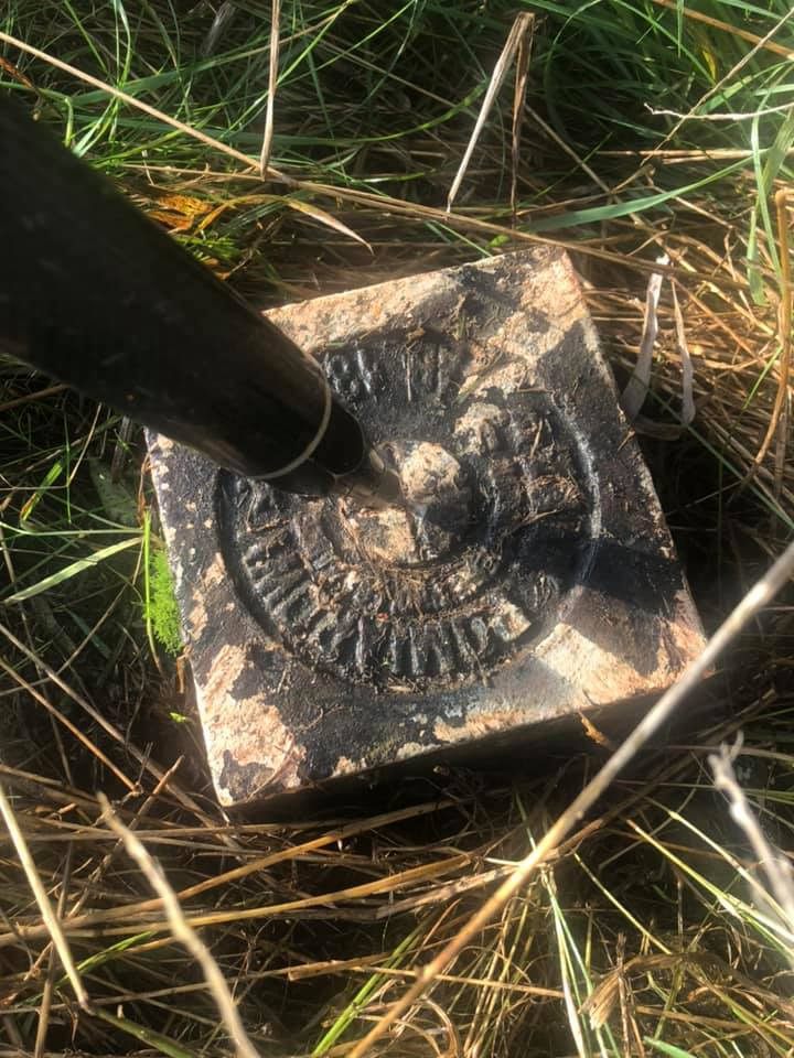 Zabrudzony, kamienny geodezyjny punkt osnowy z wygrawerowanym symbolem, wbity w ziemię i otoczony trawą, widok z góry.