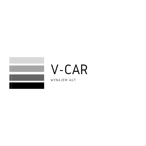 Minimalistyczne logo V-CAR z napisem 'Wynajem aut' i pięcioma poziomymi paskami w odcieniach szarości, od jasnego do czarnego.