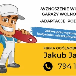 Ilustracja reklamowa firmy ogólnobudowlanej Jakub Jasiński oferującej wznoszenie wiat, altanek, garaży wolnostojących oraz adaptacje poddaszy, z zakresem prac wykończeniowych budynków mieszkalnych...