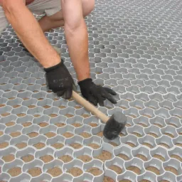 Montaż szarej kratki trawnikowo-parkingowej Pebart za pomocą gumowego młotka, widoczne wypełnienie piaskiem w oczkach kratki, ręce w czarnych rękawicach roboczych.