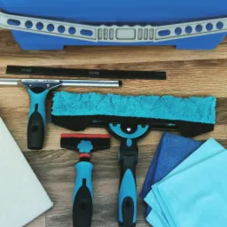 Zestaw profesjonalnych narzędzi do mycia okien: ściągaczki z niebieskimi uchwytami, wiadro i ściereczki z mikrofibry ułożone na drewnianej powierzchni.