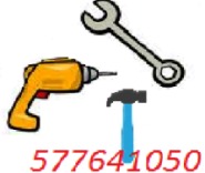 Ilustracja przedstawiająca narzędzia remontowe: żółta wiertarka, niebieski młotek i klucz francuski, na białym tle z numerem 577641050 w czerwonym kolorze.