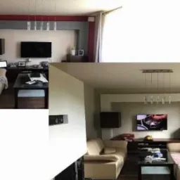 Dwa ujęcia tego samego salonu z beżową sofą, czarnym stolikiem kawowym i telewizorem na ścianie z dekoracyjną ramą, różniące się oświetleniem i kątem widzenia.