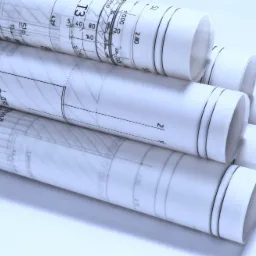 Stos zwiniętych planów technicznych z widocznymi detalami rysunku, leżących na białym tle.