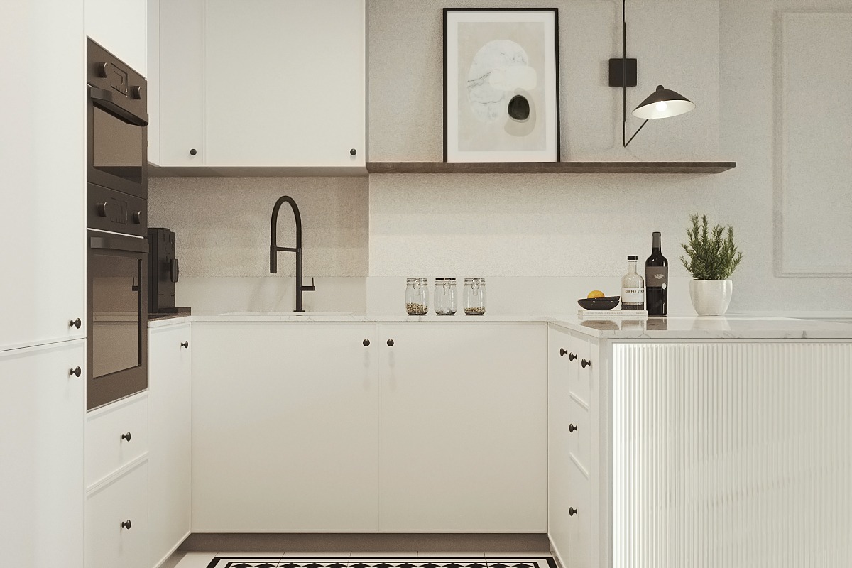 Nowoczesna kuchnia w jasnych barwach z czarnymi akcentami: bateria, lampa, piekarnik i dodatki na blacie. Minimalistyczny design z dekoracyjnym wzorem na podłodze i rośliną w doniczce.