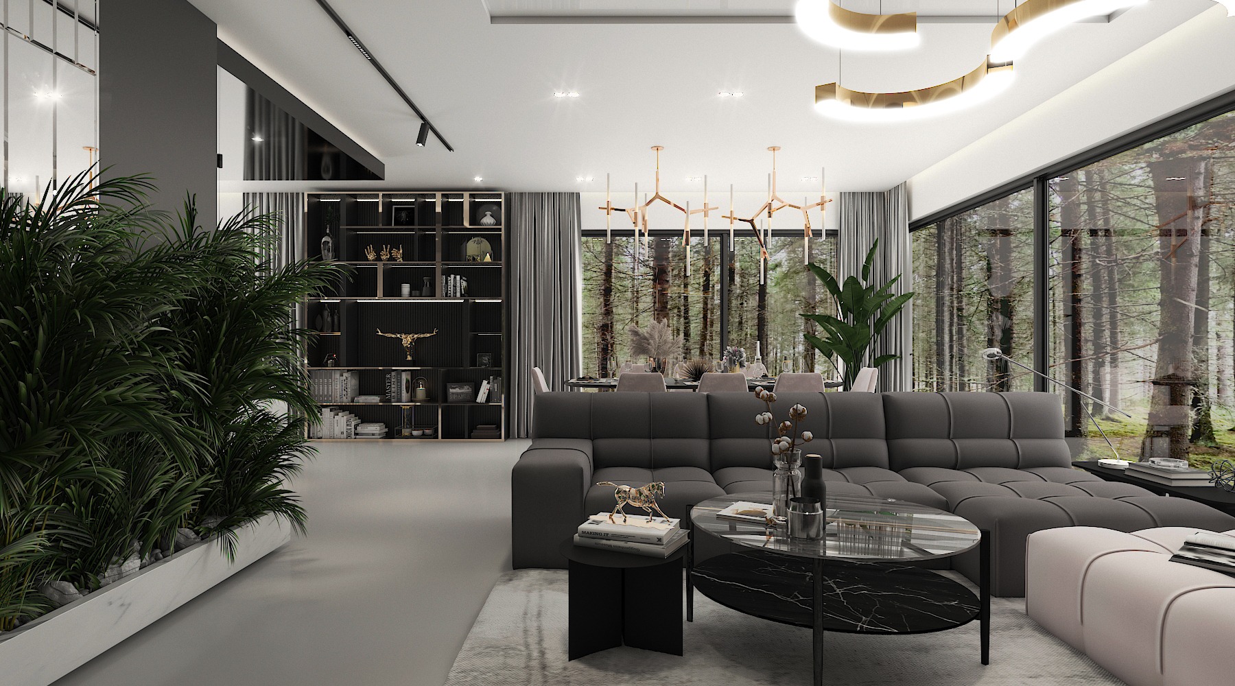 Nowoczesny salon z szarą sofą modułową, marmurowym stolikiem kawowym, roślinami w donicach i widokiem na las za oknem.