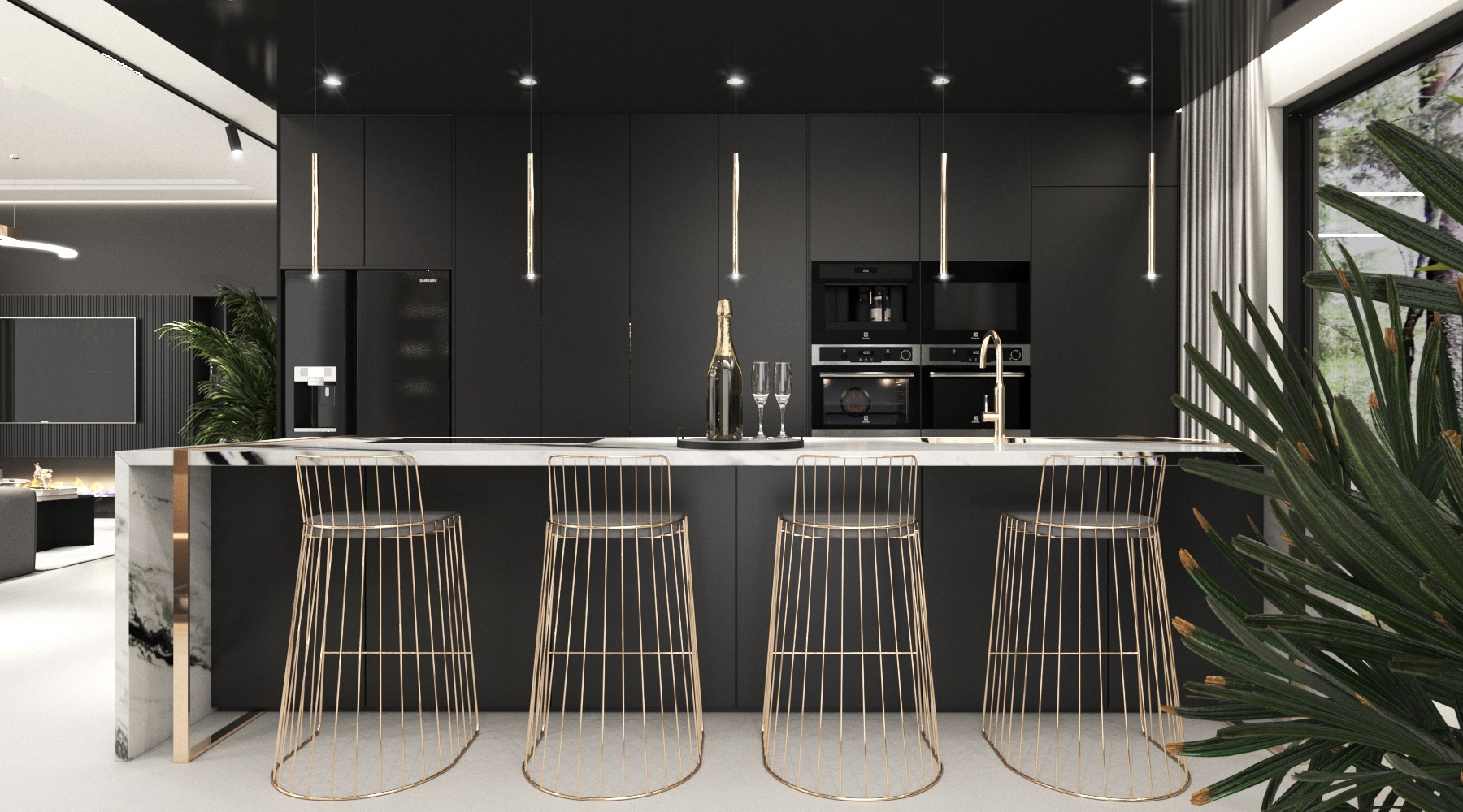 Nowoczesna kuchnia w czerni z marmurowym blatem, złotymi hokerami i butelką szampana na blacie, oświetlona wiszącymi lampami tubowymi.