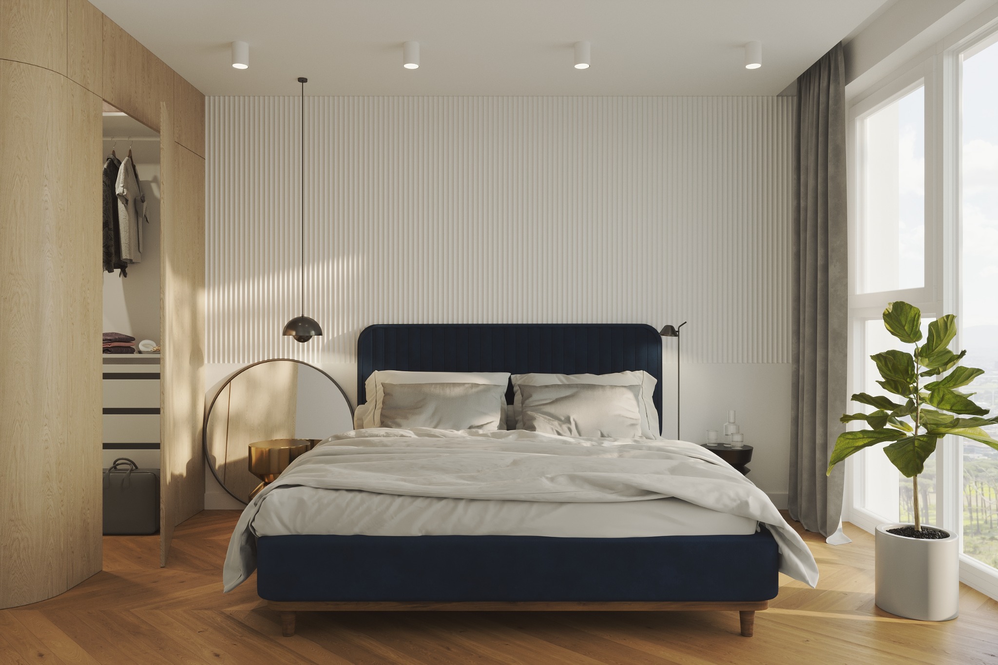 Nowoczesna sypialnia z łóżkiem z granatowym wezgłowiem, drewnianą podłogą w jodełkę, garderobą z jasnego drewna i dużym oknem z widokiem na zieleń.