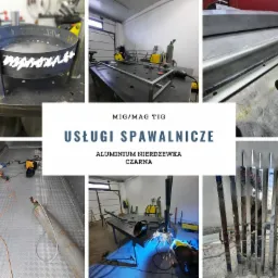 Kolaż zdjęć prezentujący usługi spawalnicze: spawanie ramy, spawanie wewnątrz przyczepy, elementy metalowe po obróbce, spawanie profili, gotowe elementy schodów.