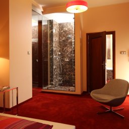 art. plast. arch. wnętrz Maciej A. Pieńkowski - Pokój hotelowy z czerwonym dywanem, szklaną kabiną prysznicową z marmurowymi ścianami i nowoczesnym fotelem na obrotowej podstawie.