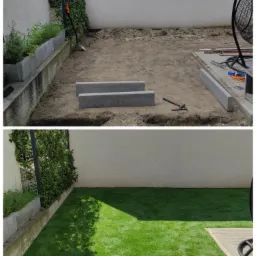 Dwie fazy zakładania trawy z rolki: przygotowanie terenu z obrzeżami i narzędziami oraz efekt końcowy - zielony trawnik z kostką brukową.