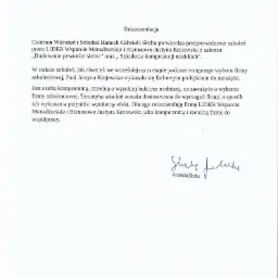 Skan dokumentu z rekomendacją dla firmy szkoleniowej LIDER Wsparcie Menadżerskie i Biznesowe Justyna Krajewska, wystawioną przez Centrum Wdrożeń i Szkoleń Hannah Gabriela Skaba, potwierdzającą...