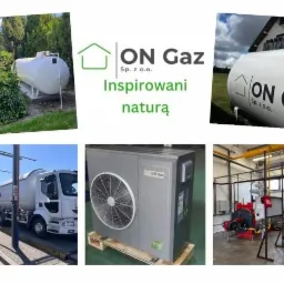 Kolaż zdjęć prezentujący zbiornik na gaz w ogrodzie, cysternę do transportu gazu, pompę ciepła na palecie oraz kotłownię z piecami gazowymi, uzupełniony o logo firmy ON Gaz Sp. z o.o.