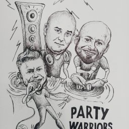 Karykatura zespołu Party Warriors ,  wym. A4, rysunek czarnym cienkopisem na grubym kartonie 