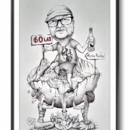 Czarno-biała karykatura urodzinowa przedstawiająca mężczyznę z butelką brandy na szczycie góry, z dwiema kobietami u podstawy, trzymającymi naczynie z jedzeniem.