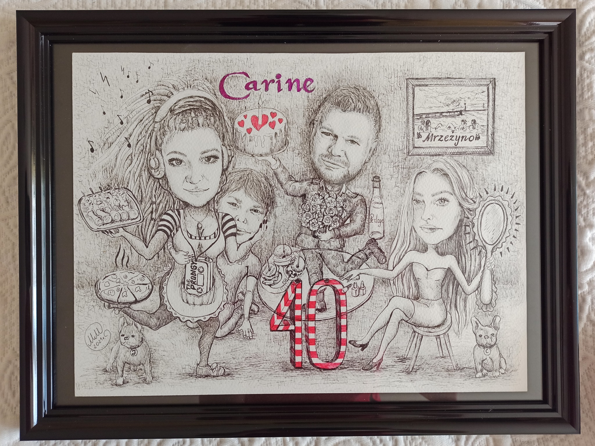 Czarno-biały, ręcznie rysowany portret karykaturalny rodziny w ramce, z elementami tematycznymi związanymi z ich zainteresowaniami i okolicznością 40 urodzin.