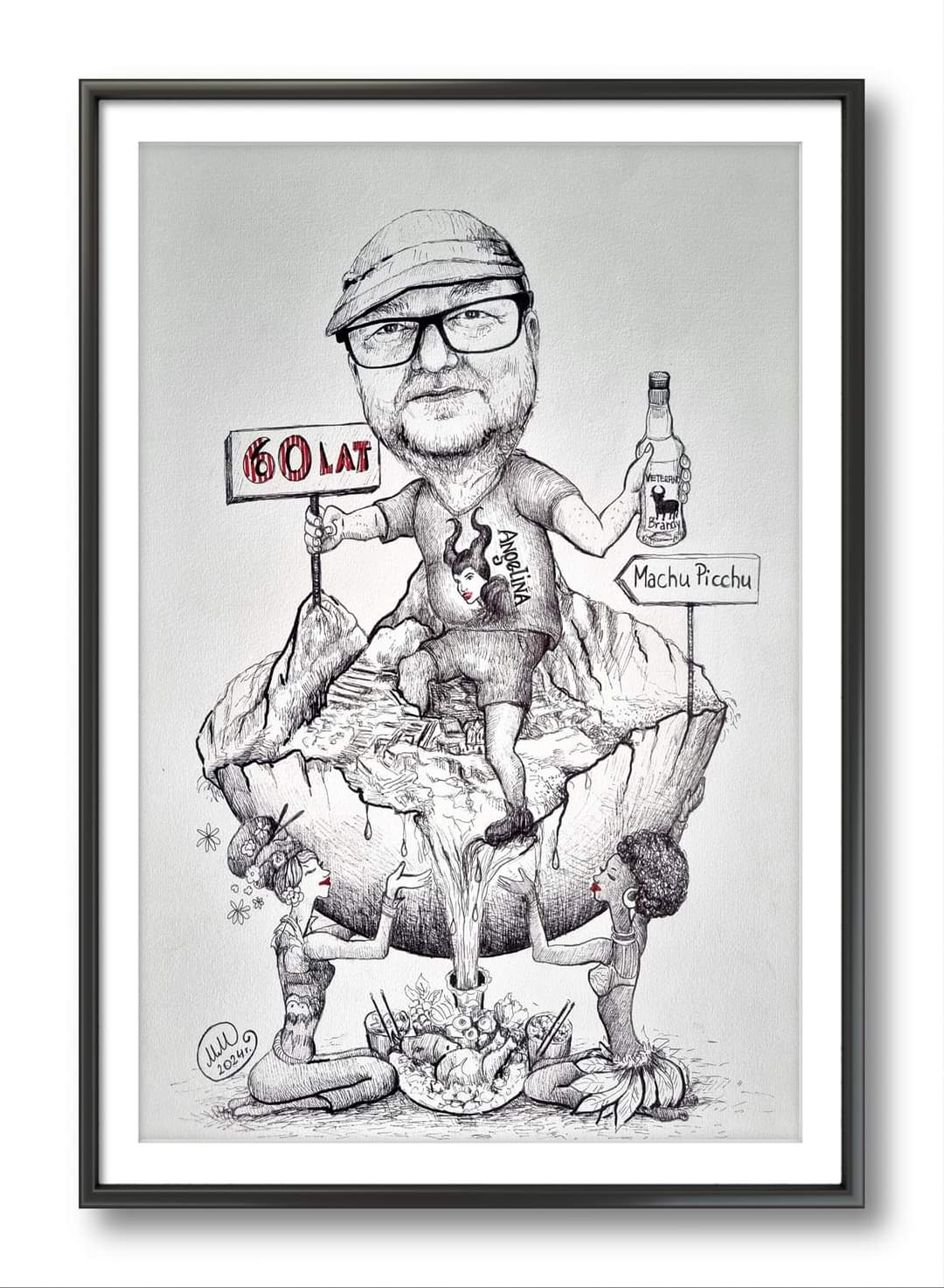 Czarno-biała karykatura urodzinowa przedstawiająca mężczyznę z butelką brandy na szczycie góry, z dwiema kobietami u podstawy, trzymającymi naczynie z jedzeniem.