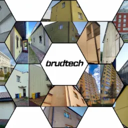 Mozaika zdjęć przedstawiająca różnorodne budynki przed i w trakcie czyszczenia elewacji, w tym budynki mieszkalne, biurowe i przemysłowe, z logo firmy 'brudtech' pośrodku.
