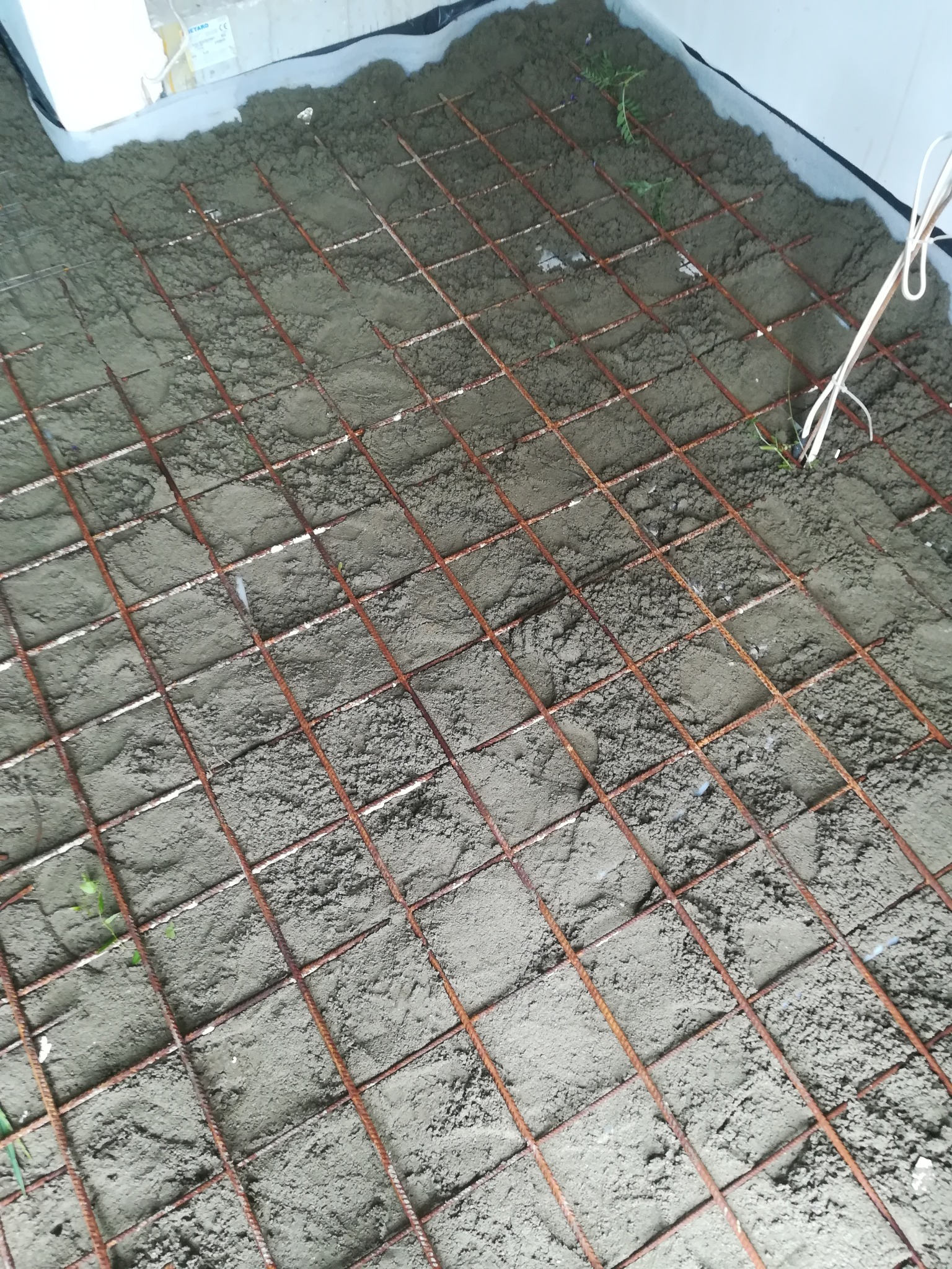 Świeżo wylany, szary jastrych pokrywający siatkę zbrojeniową, widoczne wystające przewody i fragment rośliny w rogu.