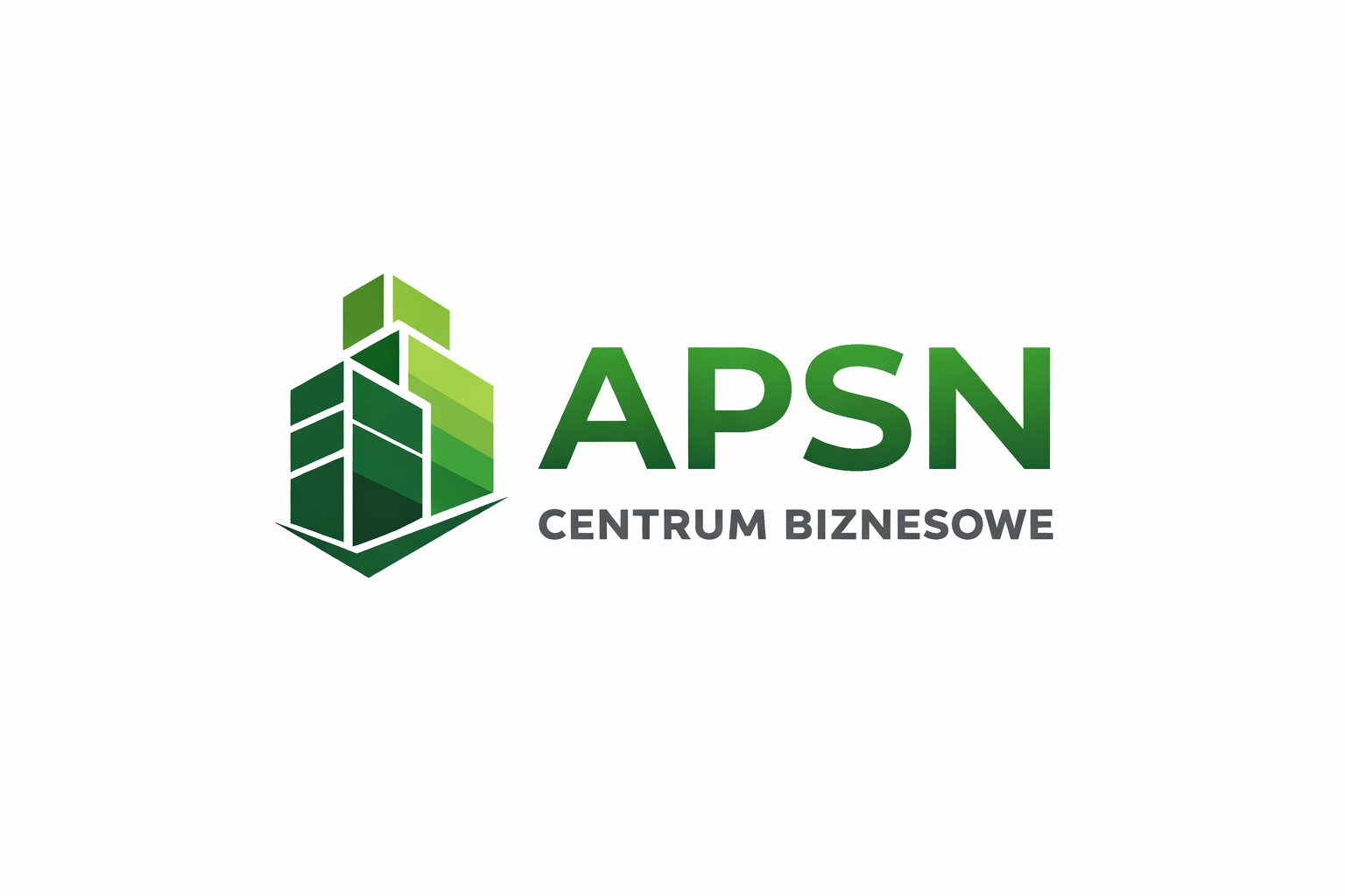Logo APSN Centrum Biznesowe: zielony, geometryczny budynek z napisem. Nowoczesny design, gradientowe odcienie zieleni, minimalistyczny styl na białym tle.
