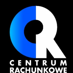 Graficzne logo 'Centrum Rachunkowe' na czarnym tle. Lewa połowa niebieska, prawa biała. Nowoczesny font.
