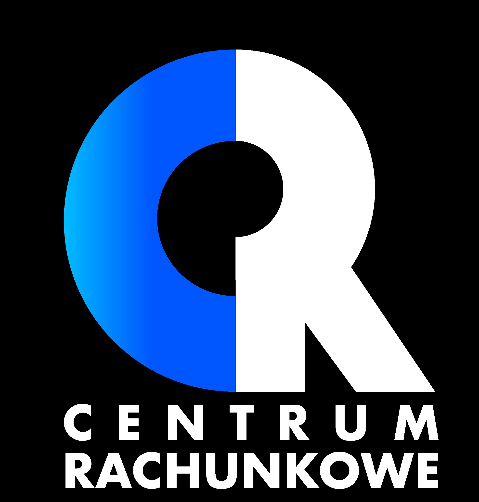 Graficzne logo 'Centrum Rachunkowe' na czarnym tle. Lewa połowa niebieska, prawa biała. Nowoczesny font.
