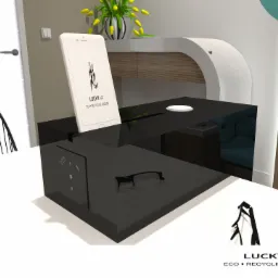 Wizualizacja biura z czarnym biurkiem, na którym stoi smartfon z logotypem firmy, w tle wazon z żółtymi kwiatami i designerskie krzesło.