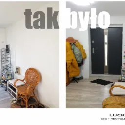 Zdjęcie typu 'przed i po' przedstawiające przedpokój. Lewa strona pokazuje stan początkowy z chaotycznie ułożonymi butami i krzesłem. Prawa strona po zmianach: uporządkowane buty, odzież...