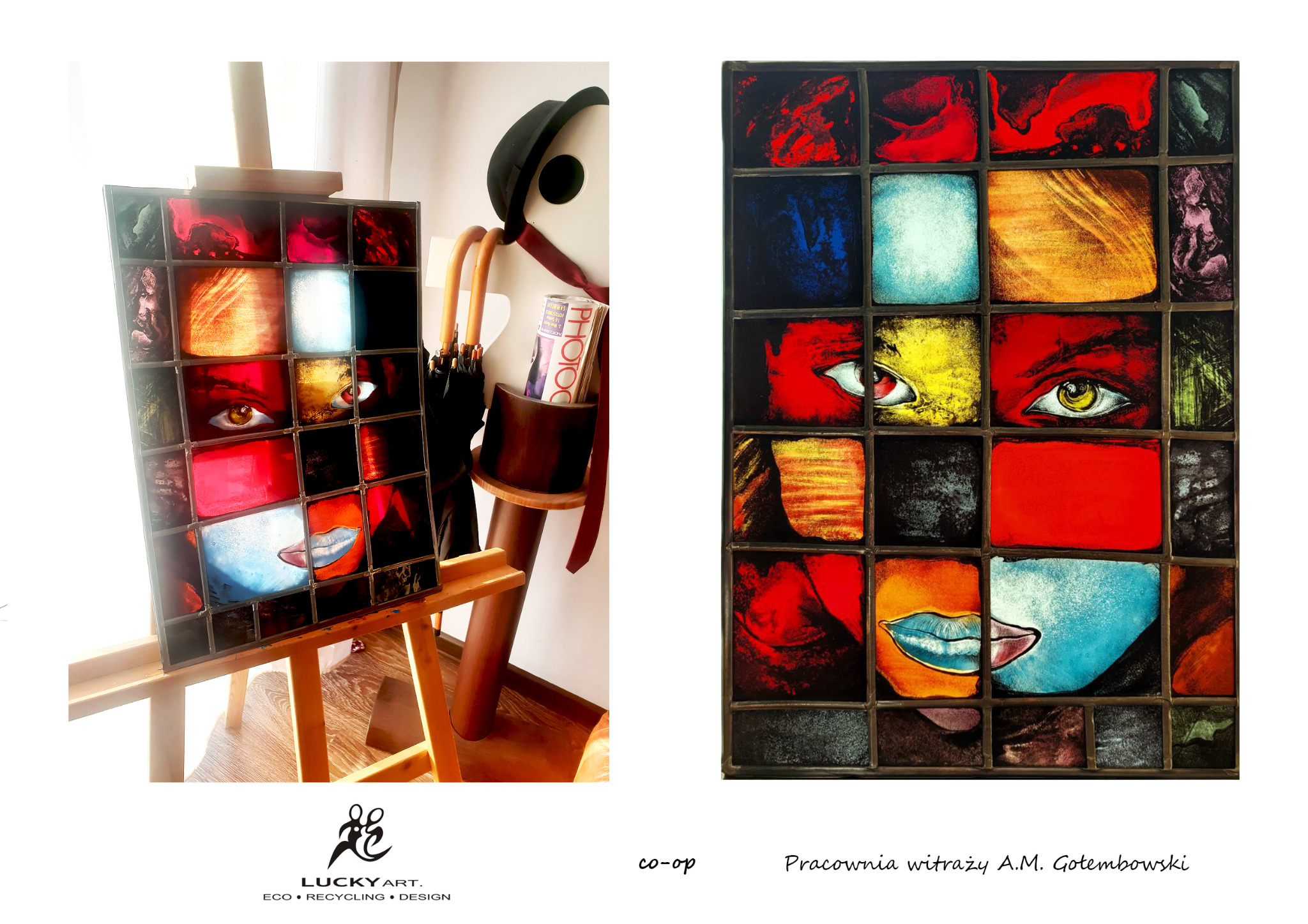 Witraż przedstawiający abstrakcyjny portret z dominującymi kolorami czerwonym, niebieskim i żółtym, umieszczony na drewnianej sztaludze w jasnym pomieszczeniu.