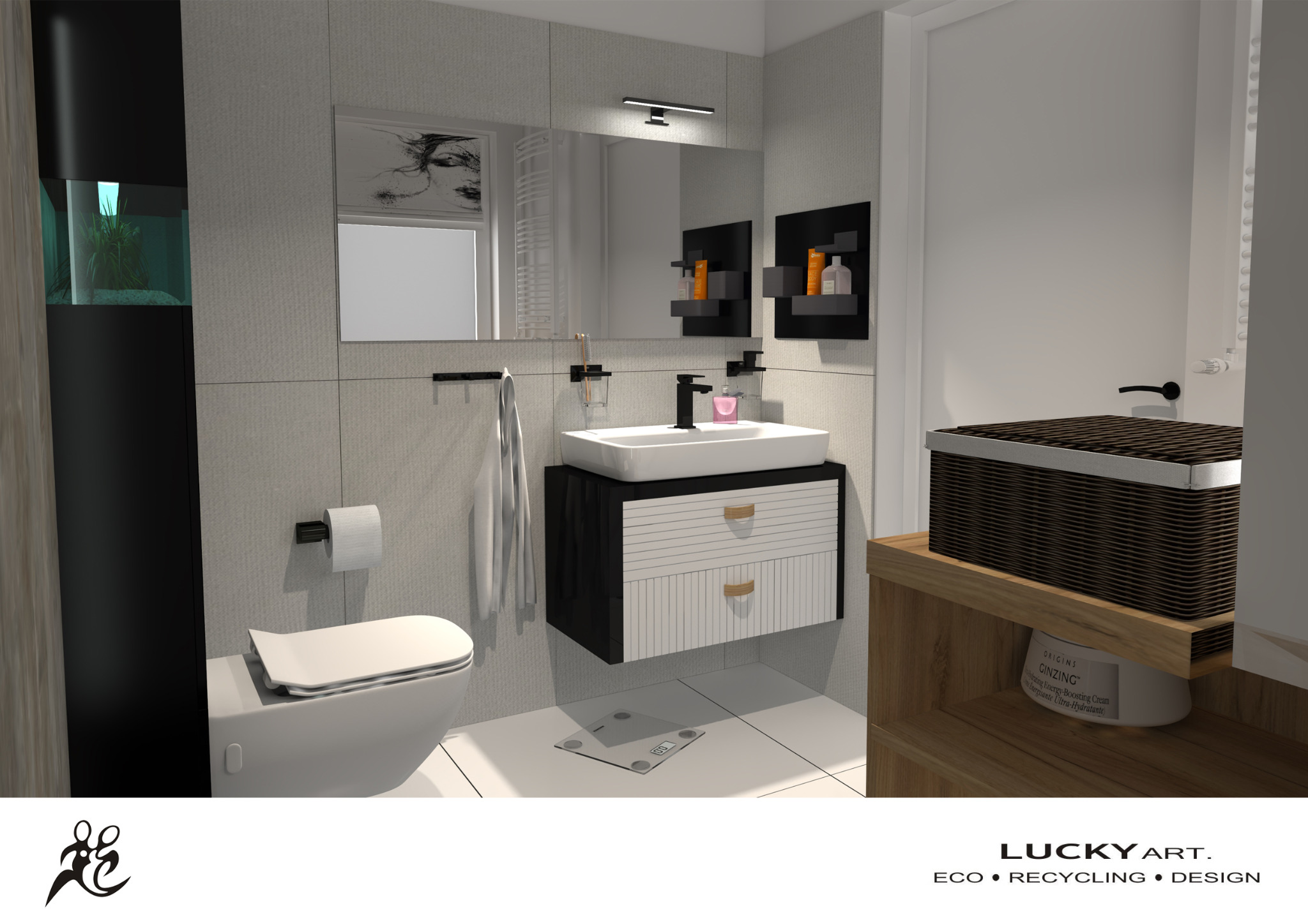 Wizualizacja nowoczesnej łazienki z akwarium, umywalką na szafce z szufladami, toaletą i koszem na półce. Na ścianie lustro z oświetleniem i czarne półki z kosmetykami. Na podłodze waga. Widoczny...