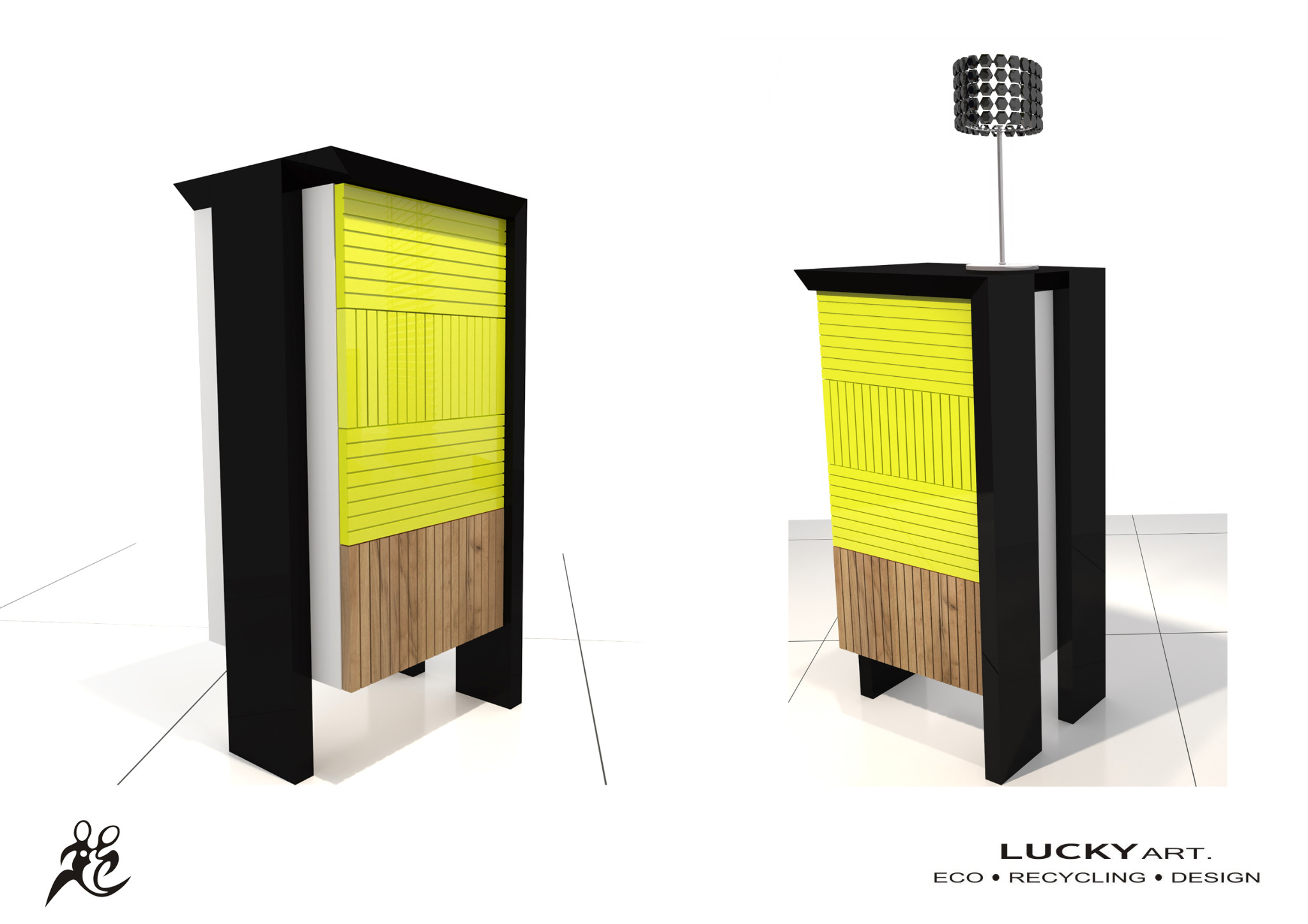 Wizualizacja szafki z żółtymi frontami i drewnianą podstawą, obok lampka z metalowymi koralikami. Projekt w stylu eko z logo Lucky Art.