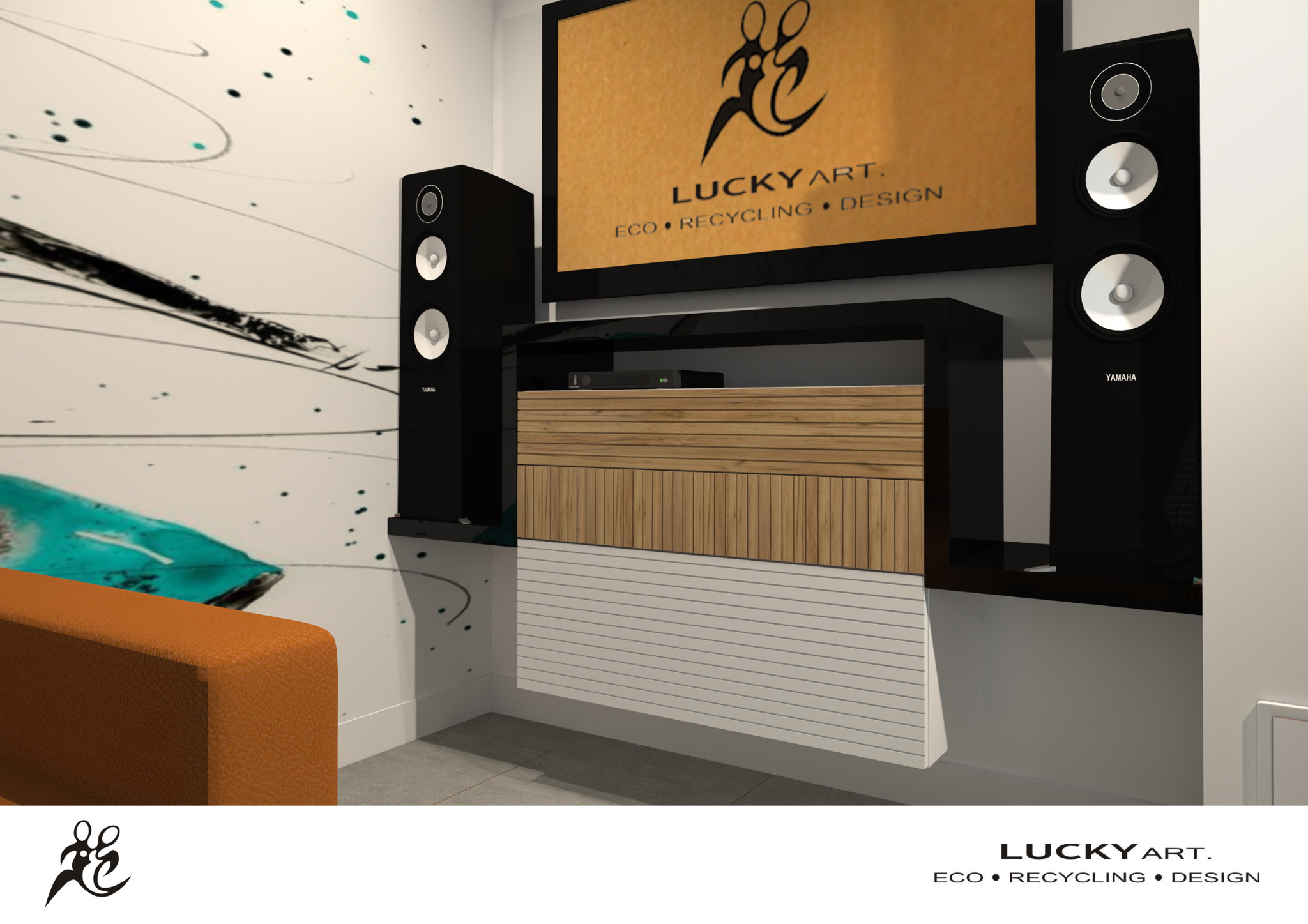 Nowoczesny salon z abstrakcyjną grafiką na ścianie, czarnymi głośnikami Yamaha, telewizorem z logo firmy Lucky Art, szafką RTV z drewnianymi i białymi panelami oraz fragmentem pomarańczowej sofy.