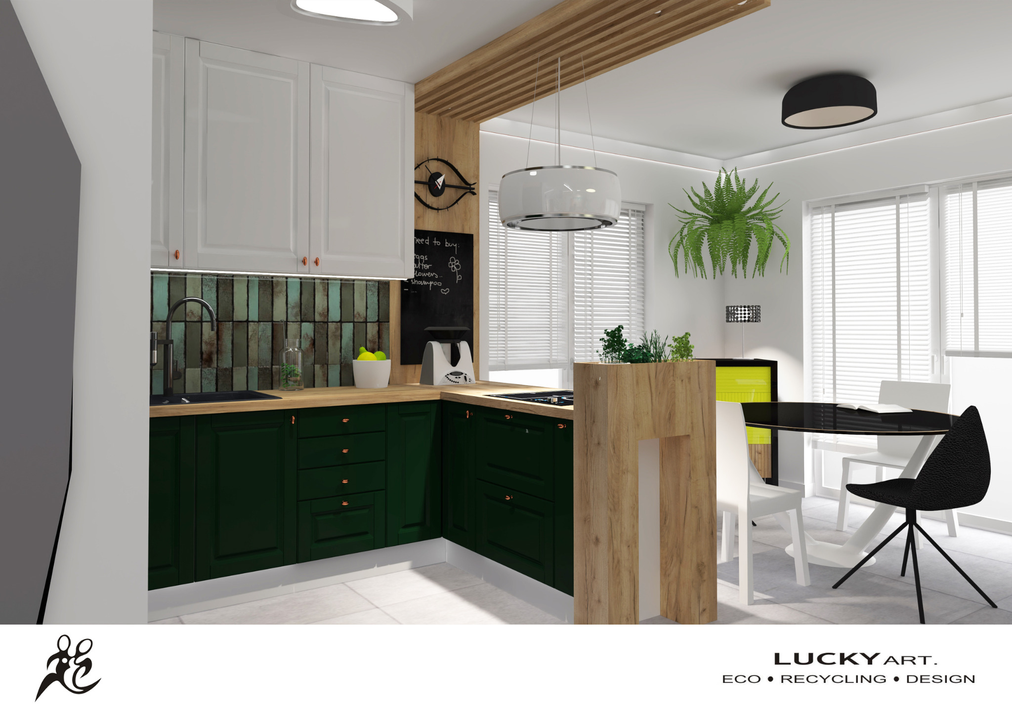 Wizualizacja kuchni z ciemnozielonymi szafkami, drewnianym blatem, mozaiką na ścianie, czarną tablicą kredową z listą zakupów i nowoczesnym oświetleniem, uzupełniona o stół z krzesłami.