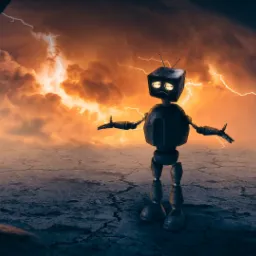 Smutny robot z głową w kształcie telewizora stoi na spękanej ziemi na tle burzy z piorunami.