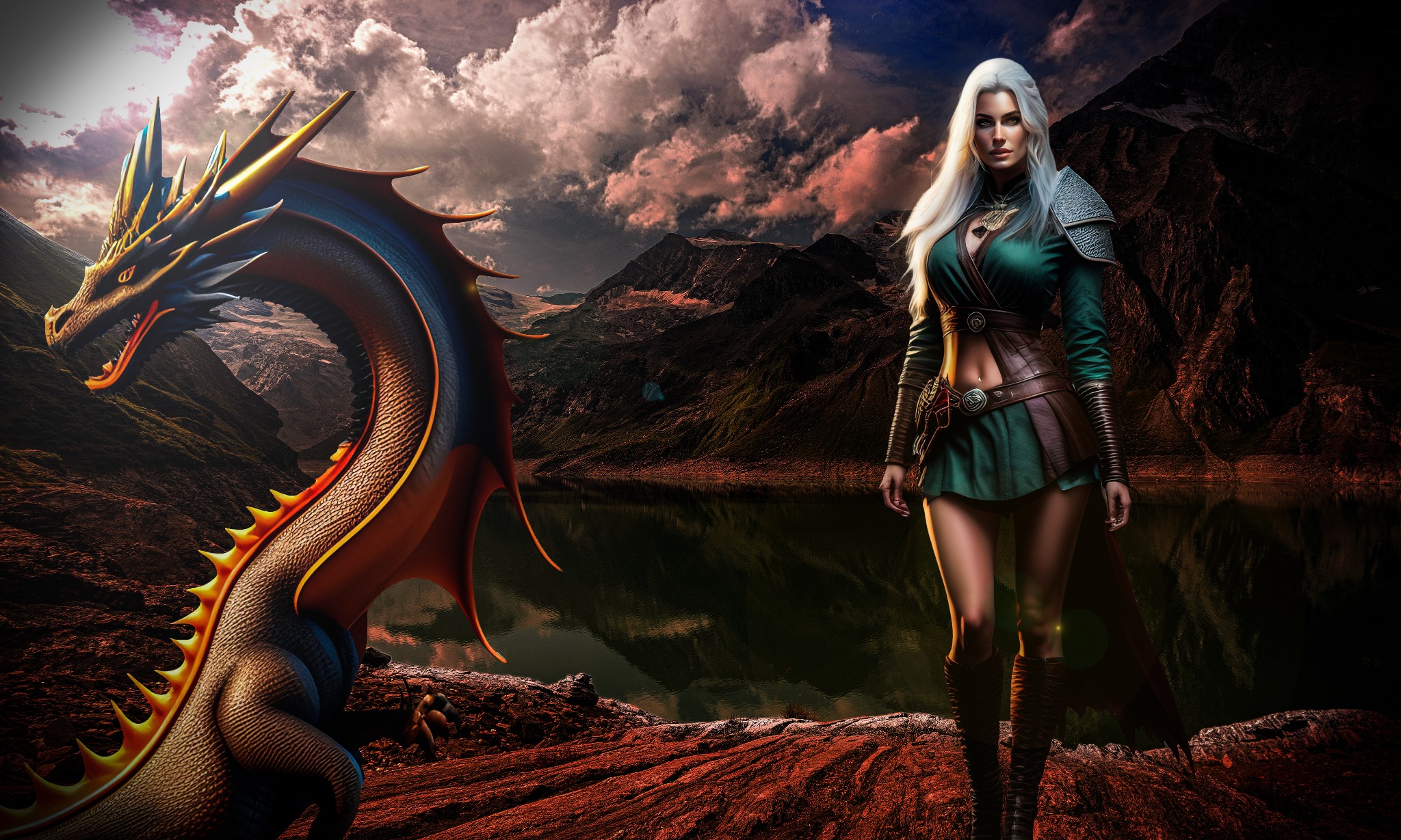 Cyfrowo wygenerowana scena fantasy: kobieta w zielonym stroju stoi obok smoka na tle gór i jeziora o zachodzie słońca.
