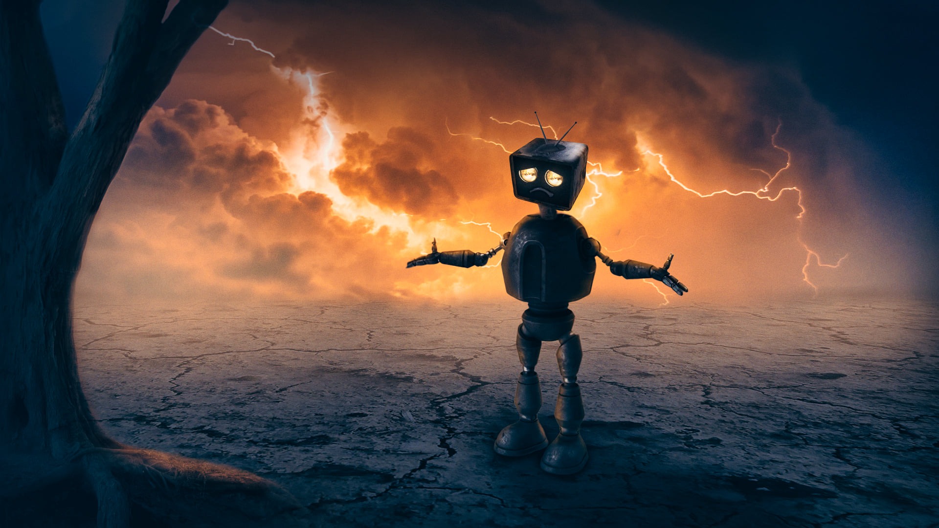 Smutny robot z głową w kształcie telewizora stoi na spękanej ziemi na tle burzy z piorunami.