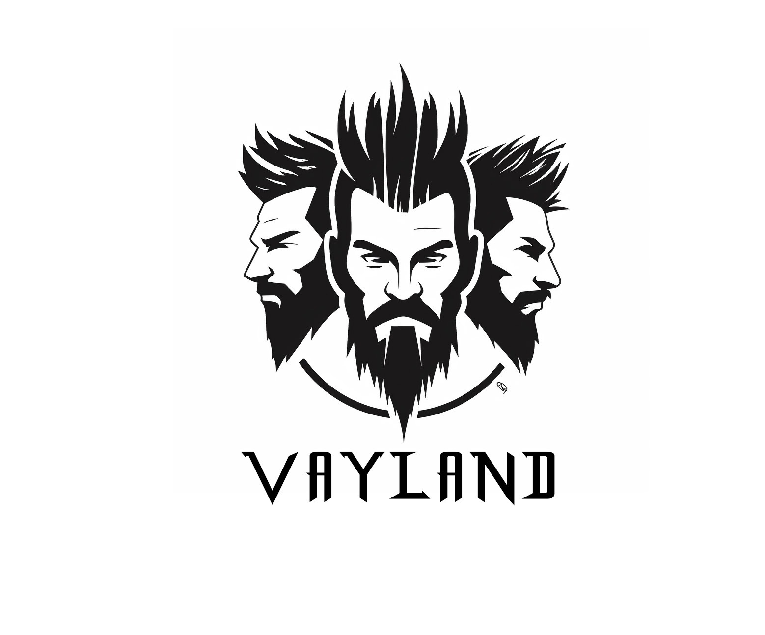 Czarno-białe logo przedstawiające trzy męskie twarze z brodami i fryzurami w stylu Mohawk, umieszczone w okręgu nad nazwą firmy 'VAYLAND'.