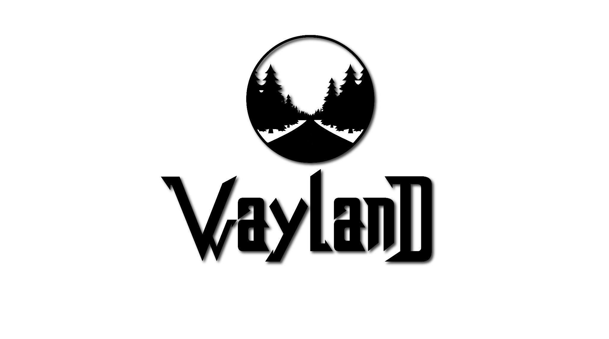 Czarno-białe logo Wayland przedstawiające drogę prowadzącą przez las umieszczoną w okręgu nad nazwą firmy.