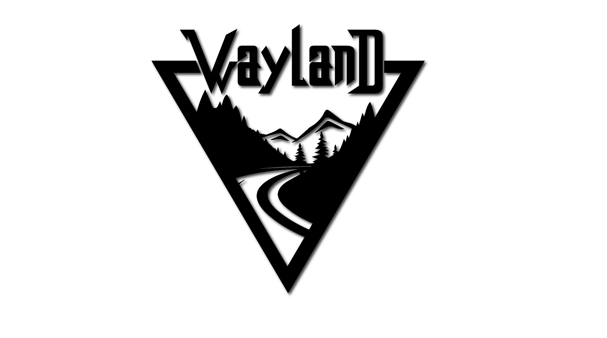 Czarno-białe logo w kształcie trójkąta przedstawiające górski krajobraz z drogą i nazwą firmy 'Wayland' u góry.