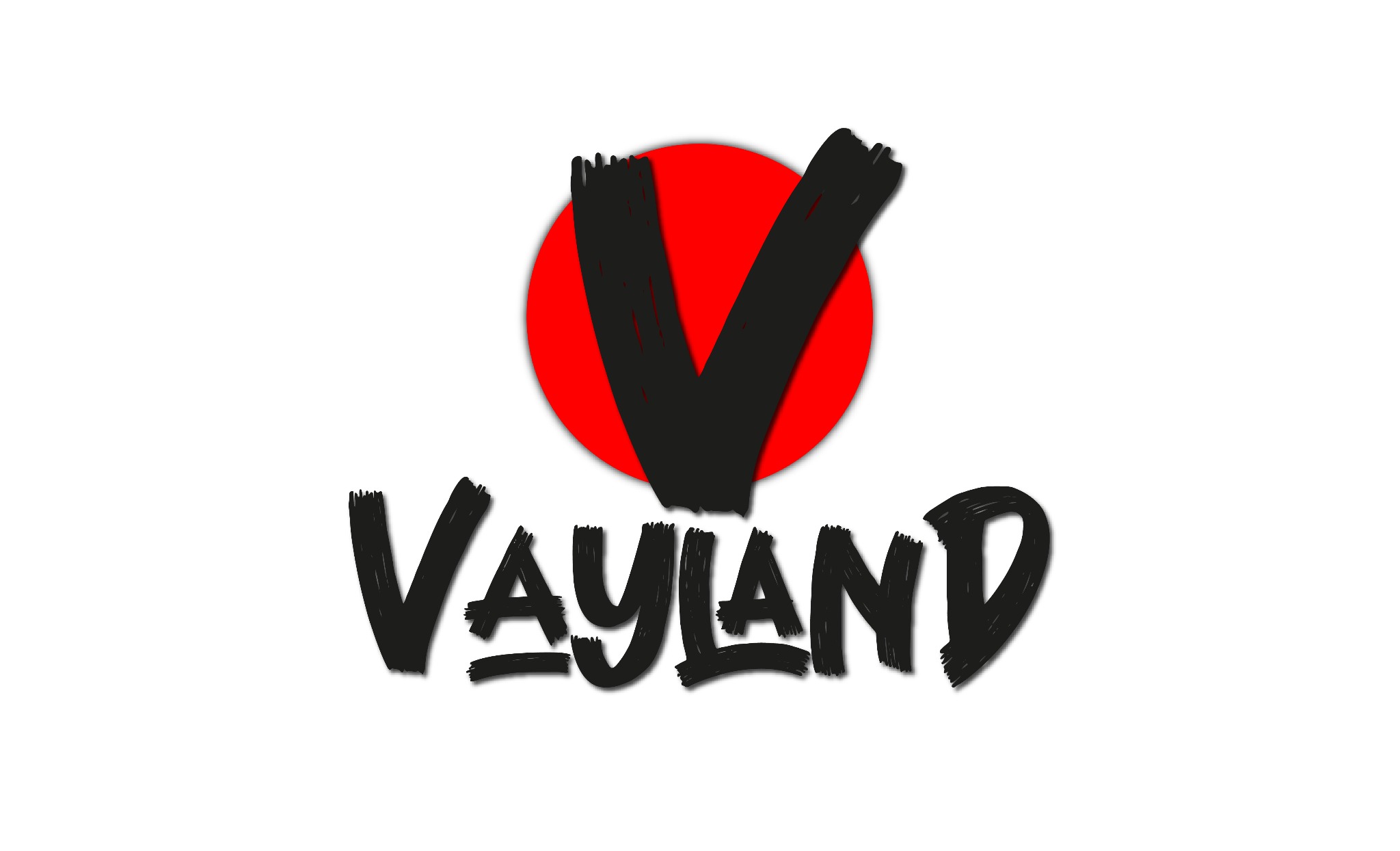 Ręcznie rysowane logo firmy Vayland, z czarną literą V na czerwonym okręgu, umieszczone nad nazwą firmy napisaną w podobnym stylu.