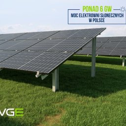 Fudi-Tech - Rząd paneli słonecznych na zielonym trawniku, z napisem 'Ponad 6 GW mocy elektrowni słonecznych w Polsce' i logo PVGE w lewym dolnym rogu.