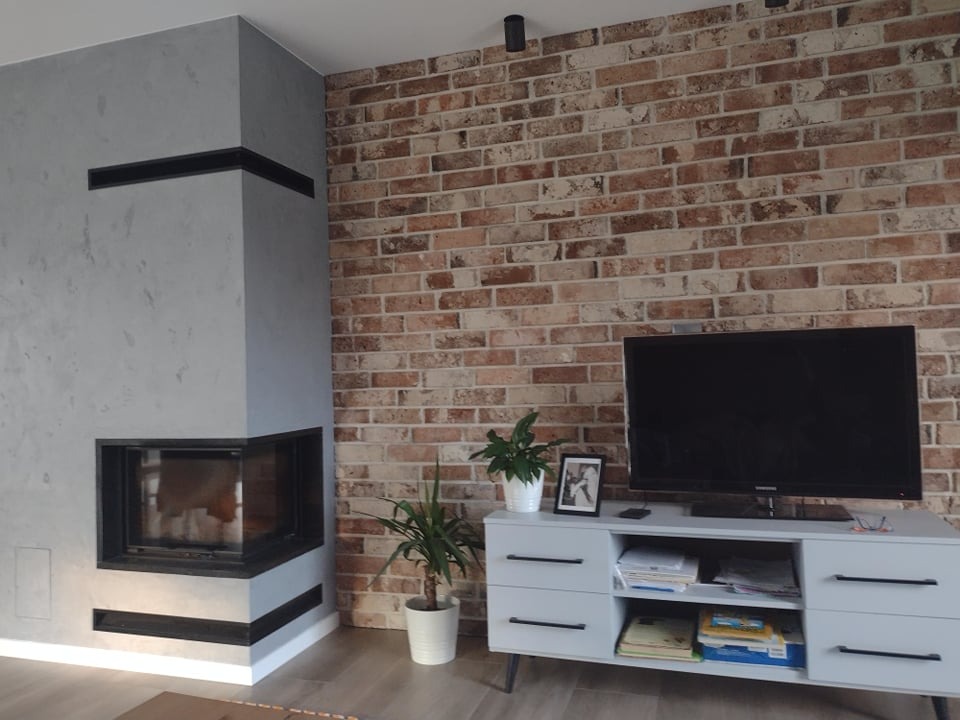 Pokój z kominkiem o szarej, strukturalnej powierzchni i ścianą z cegły, szara szafka RTV z czarnymi uchwytami, rośliny w doniczkach.