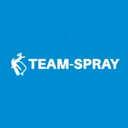 Logo firmy TEAM-SPRAY na błękitnym tle, z ikoną pistoletu natryskowego i napisem TEAM-SPRAY w kolorze białym.